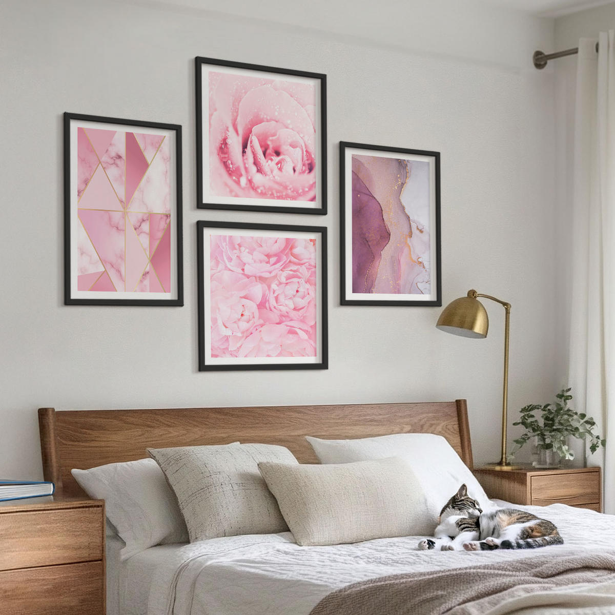 WANDBILDER 4er-Set - 50x50 cm & 40x60 cm Schwarzer Rahmen - Rosa geometrische Pfingstrosen - Schwarz, Kunststoff (50/50cm) - ArtPrintCave