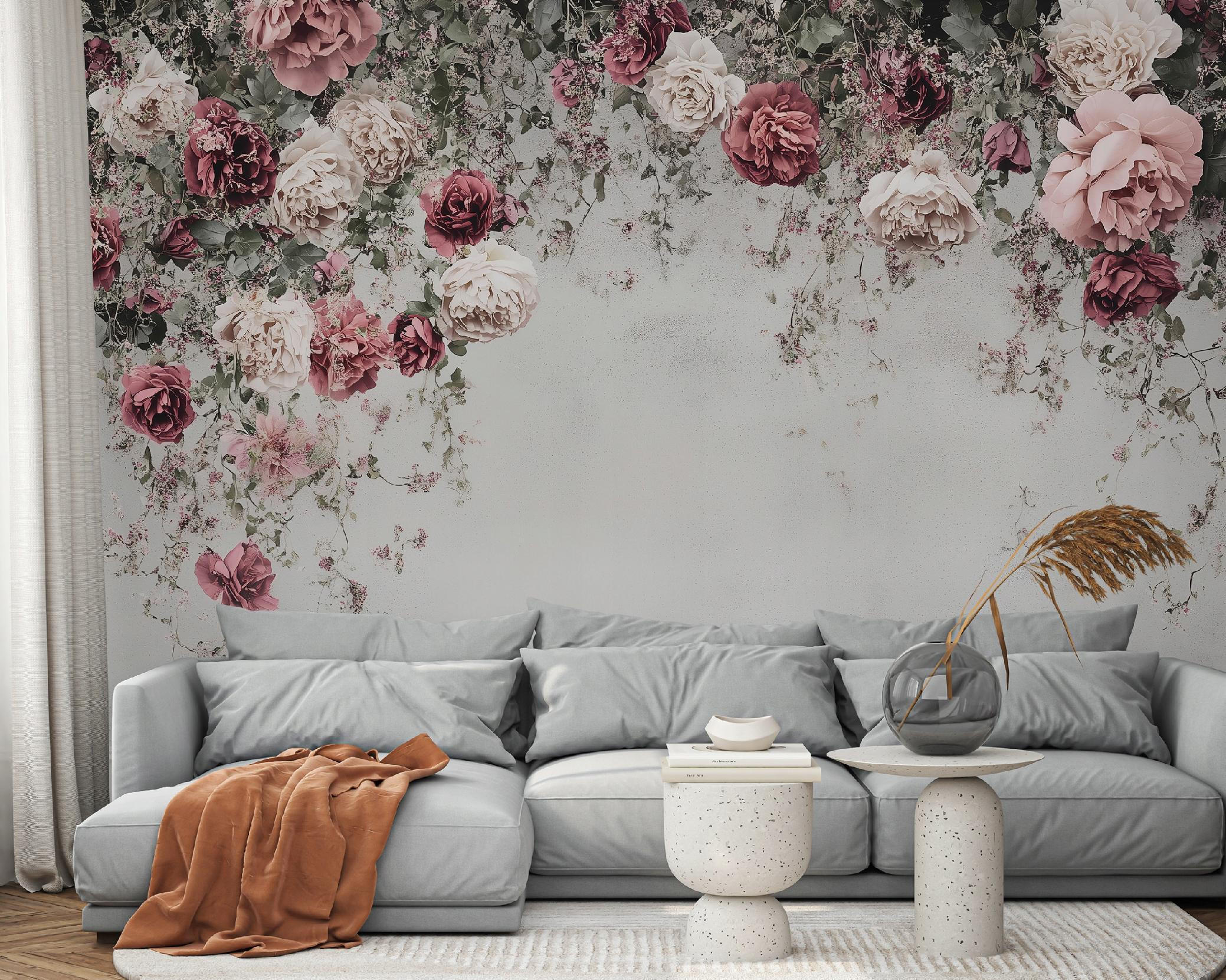 FOTOTAPETE Blumen Betonwand Vlies Tapete Wohnzimmer 400x280 - Multicolor, Papier (400/280cm) - Wallarena