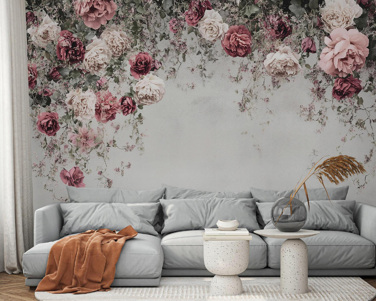 FOTOTAPETE Blumen Betonwand Vlies Tapete Wohnzimmer 400x280 - Multicolor, Papier (400/280cm) - Wallarena