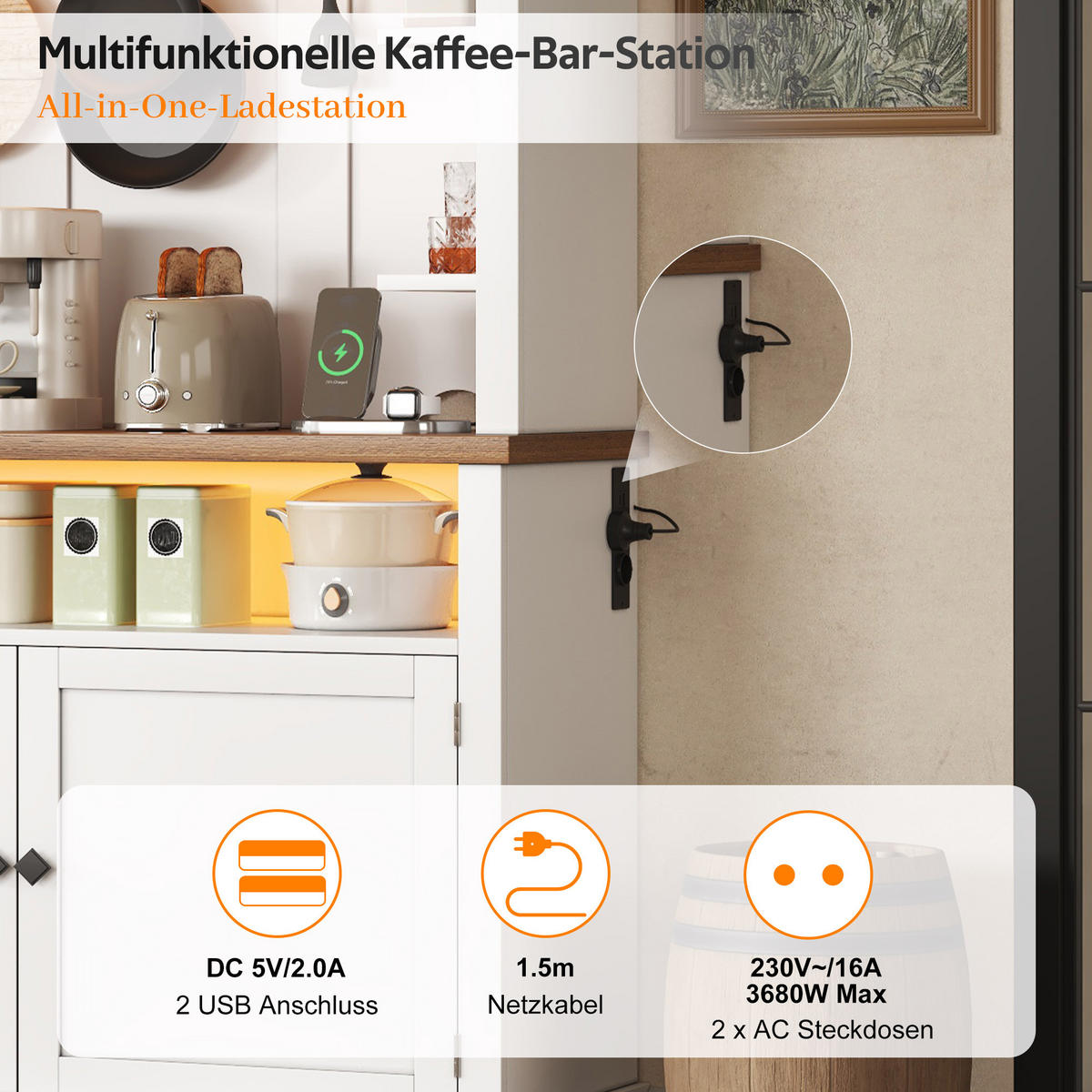 BUFFETSCHRANK Weiß 183cm mit LED-Beleuchtung, Steckdose & Kaffeebar - Weiß, Holzwerkstoff (106/183/43cm) - Urban Meuble