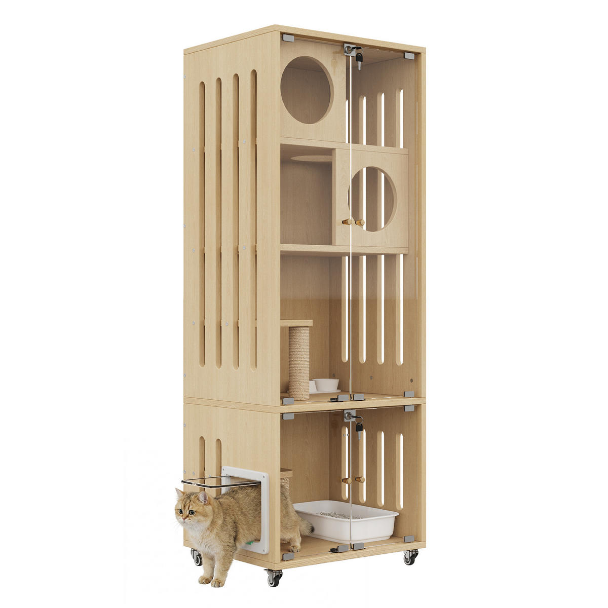VITRINE Naturfarben 60×50×156 cm aus MDF und Glas mit abschließbarer Glastür, Klappe und Feststellrollen - Naturfarben, Holzwerkstoff (60/156/50cm) - Luhomfu