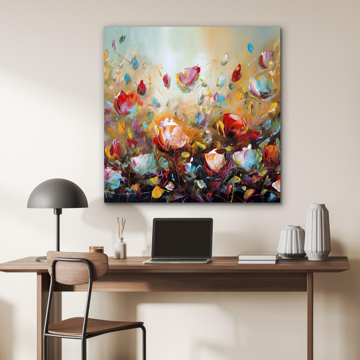 KOVOVÝ OBRAZ Kvety - Umenie - Príroda - Olejomaľba 90x90 cm - viacfarebná, kov (90/90cm) - MuchoWow