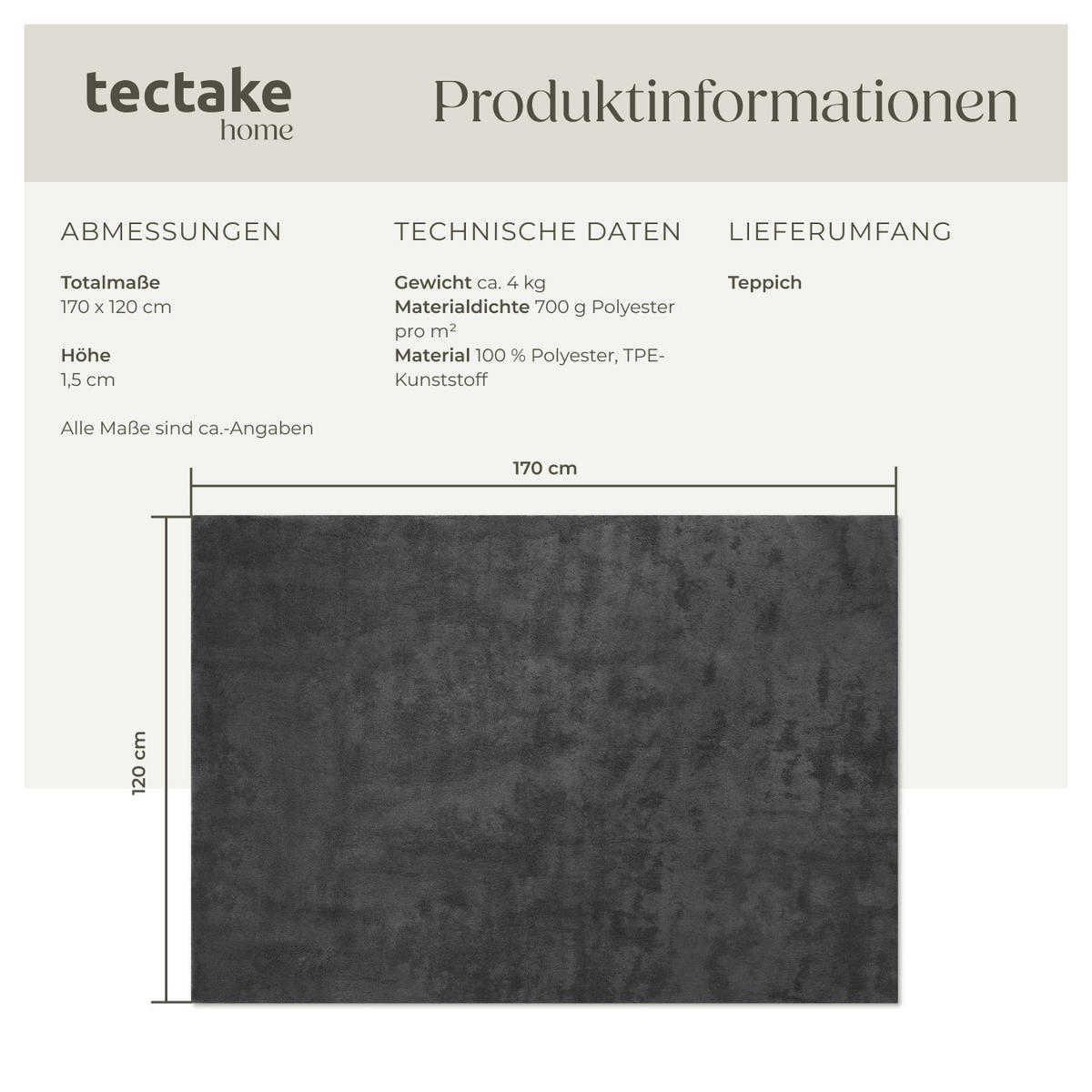 KURZFLORTEPPICH Soft Zone,rutschfeste Unterseite,anthrazit - Anthrazit, Textil (170/120cm) - tectake
