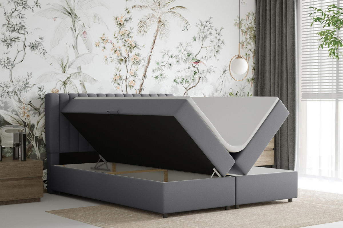BOXBETT Everest grau 160 x 200 cm Doppelbett mit hochwertiger Bonell-Matratze und Topper - Grau, Holz (160/200cm) - Panda Möbel
