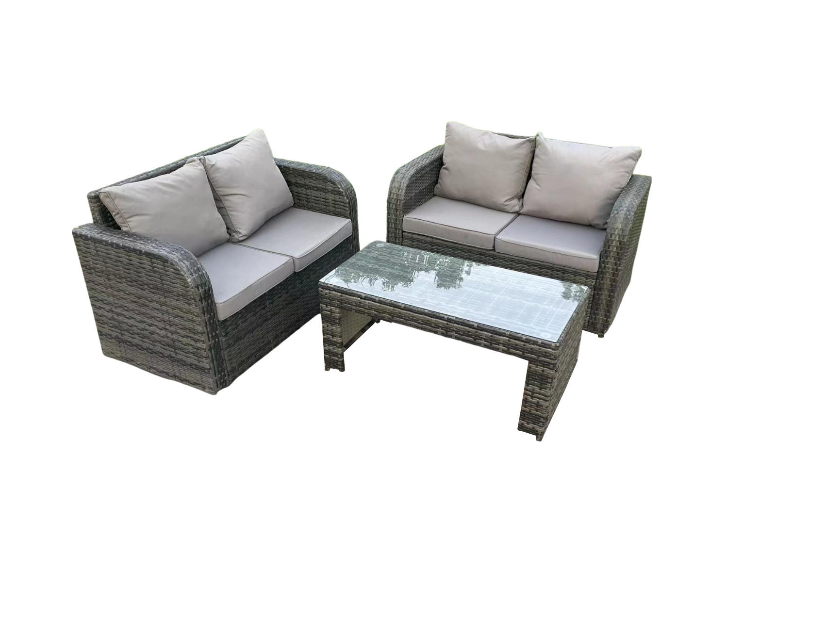 GARTENSOFA SET Polyrattan 4-Sitzer - Dunkelgrau/Grau, Glas/Kunststoff - Fimous