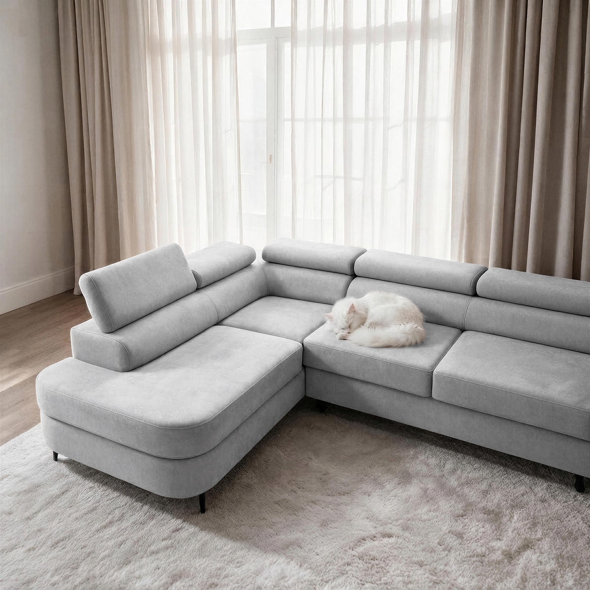 ECKSOFA PRIAM MAXI L-Form Links mit Schlaffunktion 125x195 Velours Hellgrau - Hellgrau/Schwarz, Holz/Textil (203/350cm) - Muffo
