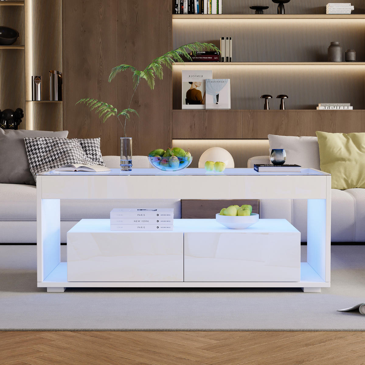 COUCHTISCH 100/50/40 cm in Weiß mit LED-Beleuchtung und 2 Schubladen - Weiß, Holzwerkstoff (100/50/40cm) - Flora Grace