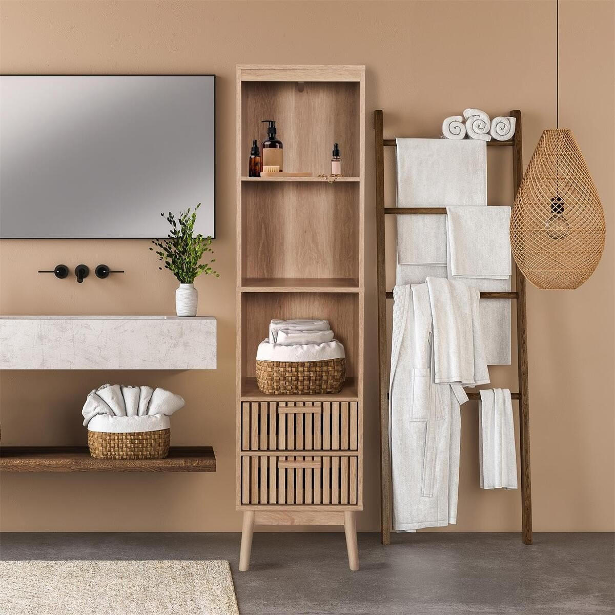 SLOUP se 2 zásuvkami, drážkovanými čely a 3 nikami, V 160 cm - KLAUS - jabloňová, kompozitní dřevo (30/160/40cm) - Calicosy