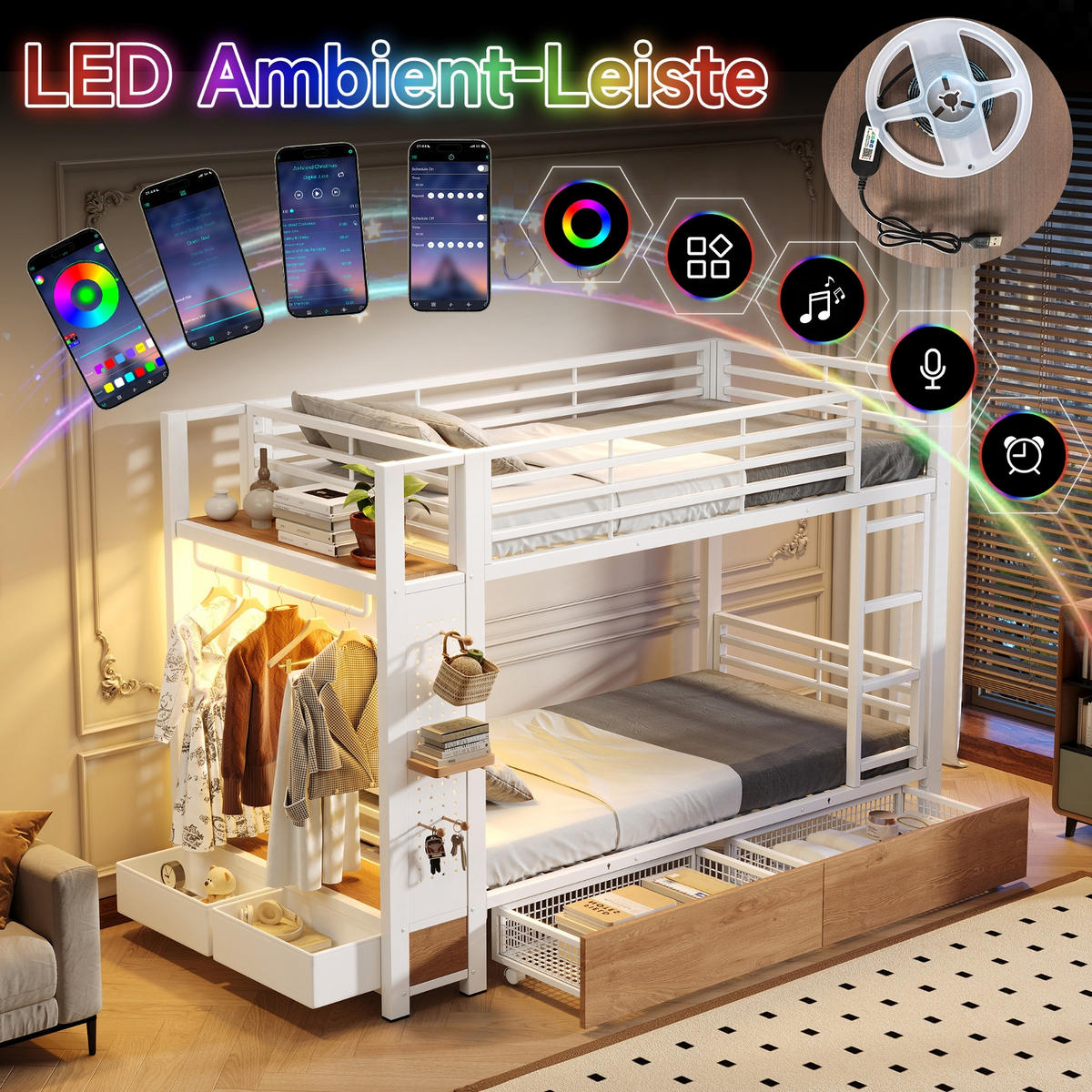 ETAGENBETT 90/200 cm Weiß mit 4 Schubladen, LED-Lichtleiste und Kleiderstange - Weiß, Metall (90/200cm) - Oxeza