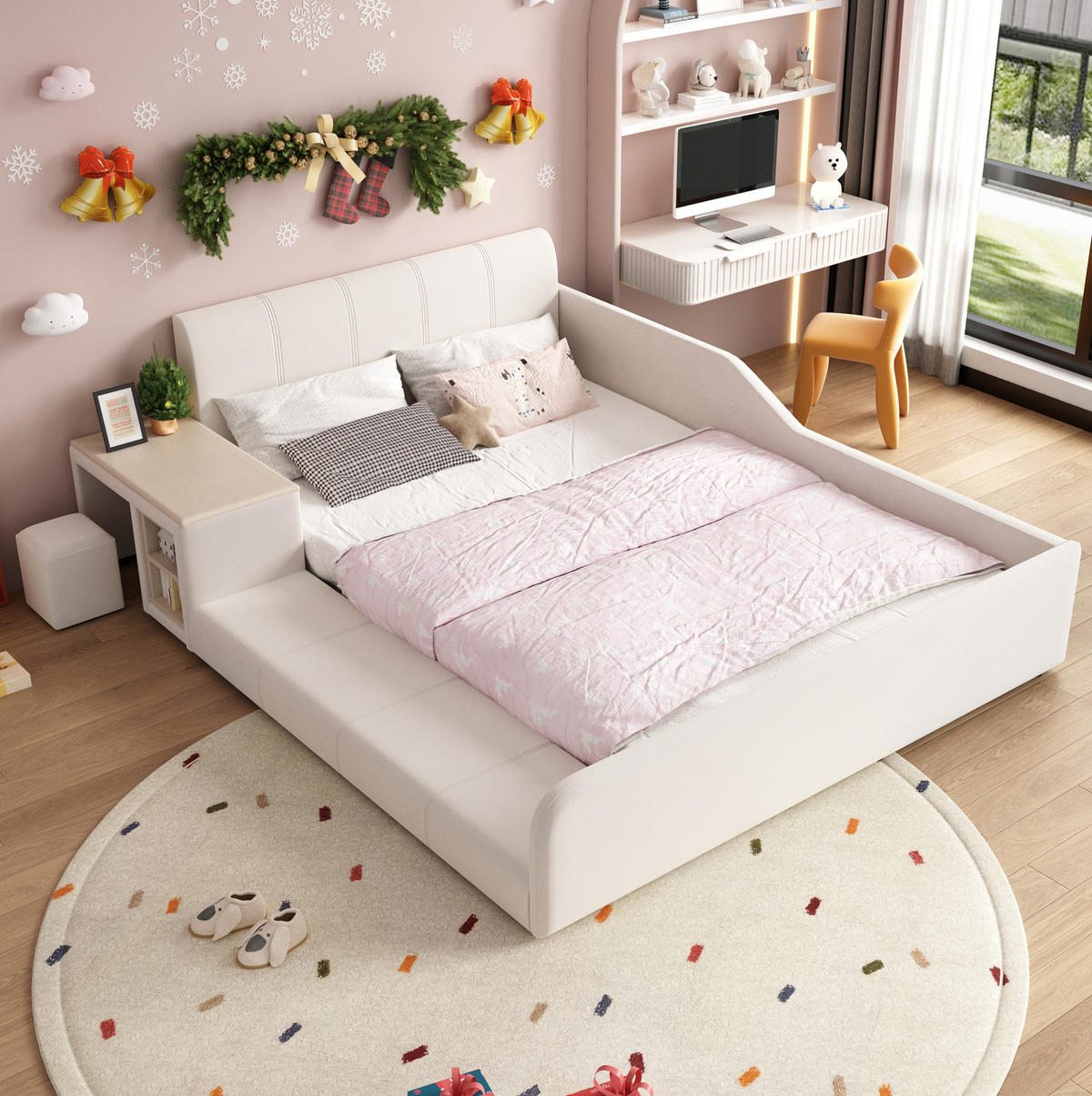 KINDERPOLSTERBETT 140/200 cm aus Samt mit Schreibtisch Hocker und Ablageboden Weiß - Weiß, Textil (140/200cm) - Modenvie