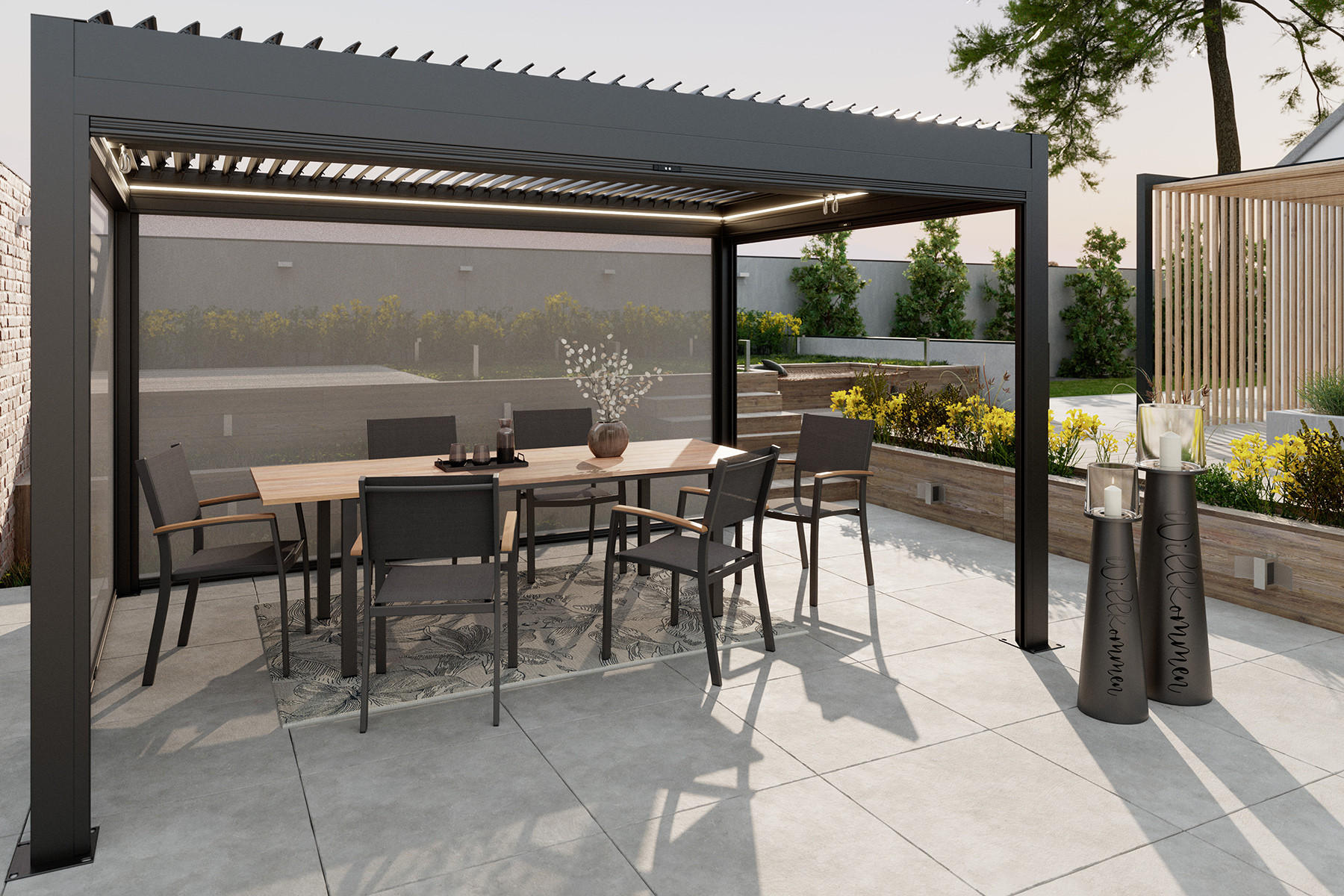 Pergola porszórt alumínium, antracit szürke, LED világítással, szúnyoghálóval, állítható lamellákkal a tetején, segítségével szabályozhatjuk a bejutó fényt