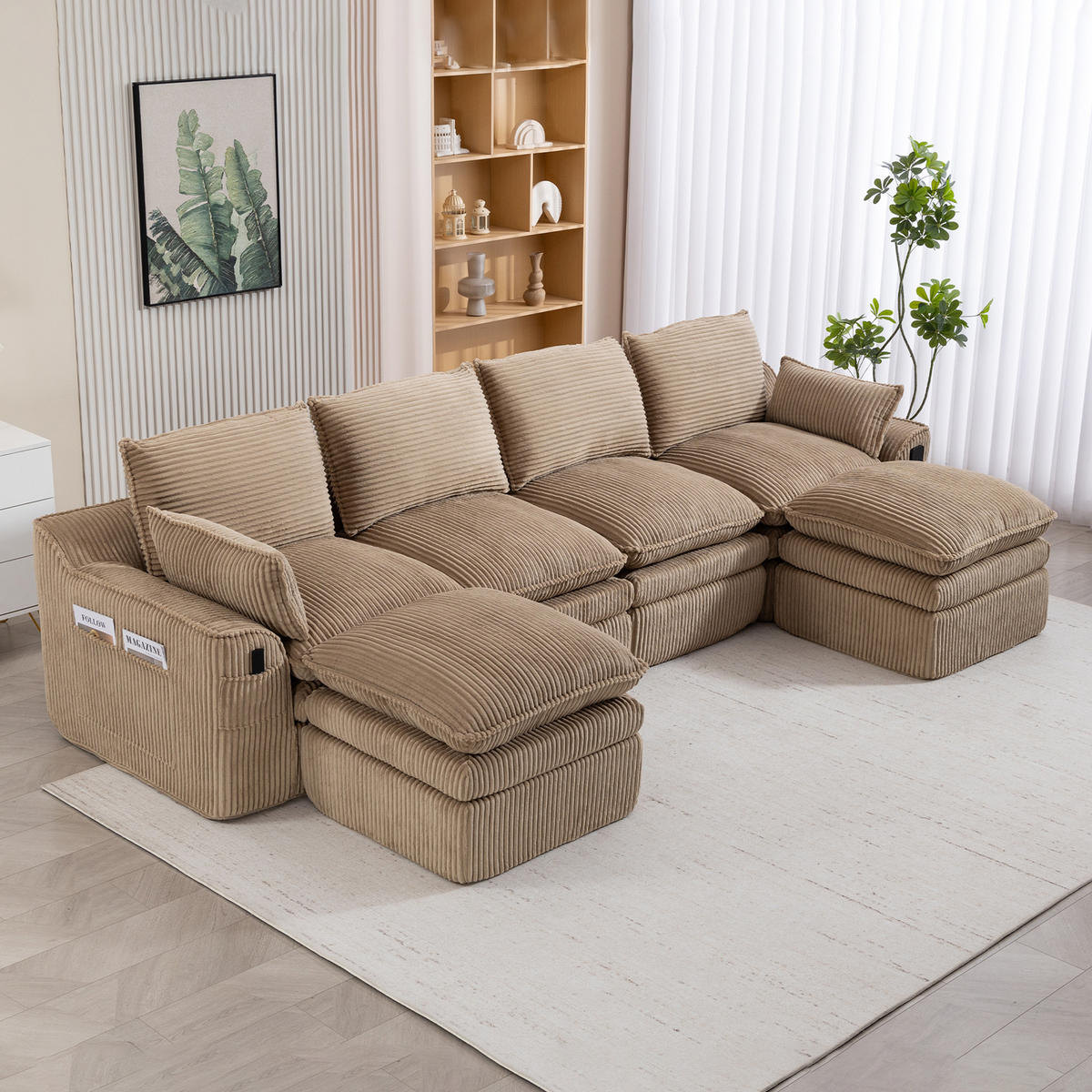 WOHNLANDSCHAFT Cord Khaki mit Kissen, Hocker und Seitentaschen - Hellbraun, Textil (335/85/167cm) - WISHDOR