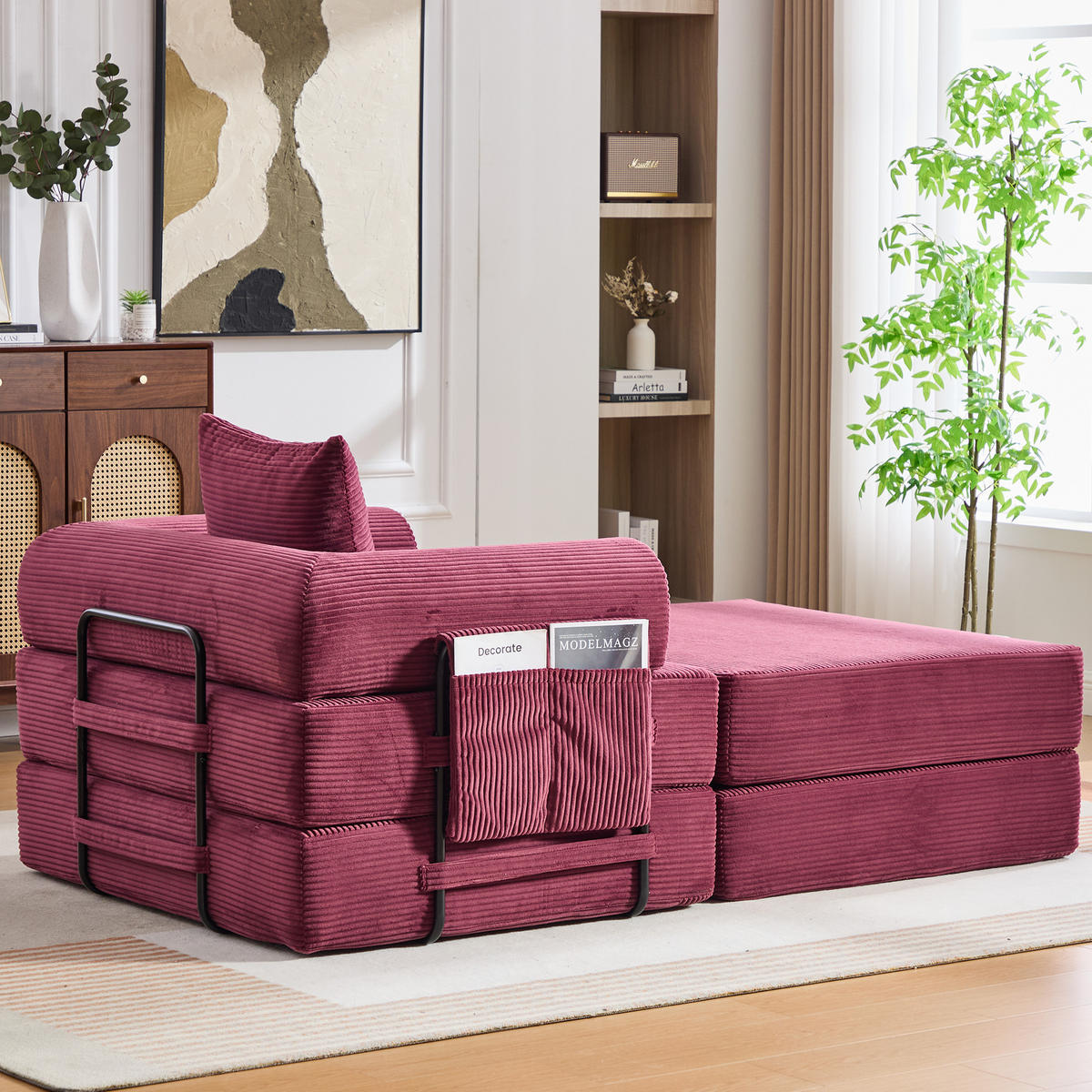 SOFA mit Hocker Cord 112 x 190 x 67 cm Wine Red - Rot, Kunststoff (190/67/112cm) - Meubliv