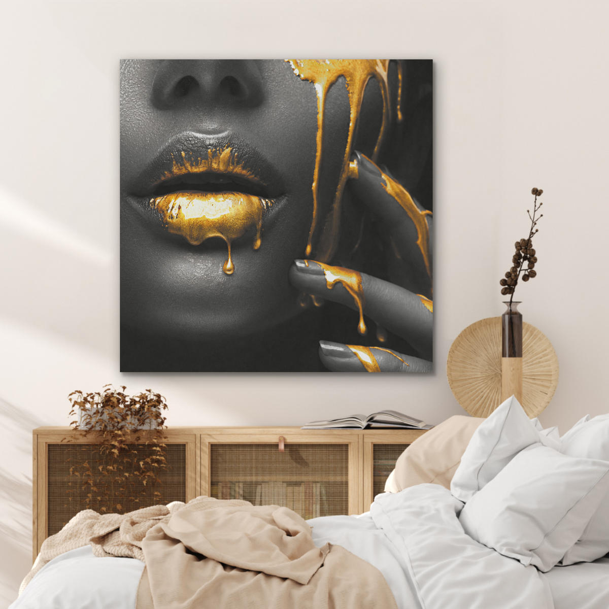 AKUSTIKPANEEL Frau - Schwarz - Gold - Gesicht - Lippen 90x90 cm - Goldfarben, Textil (90/0.9/90cm) - MuchoWow