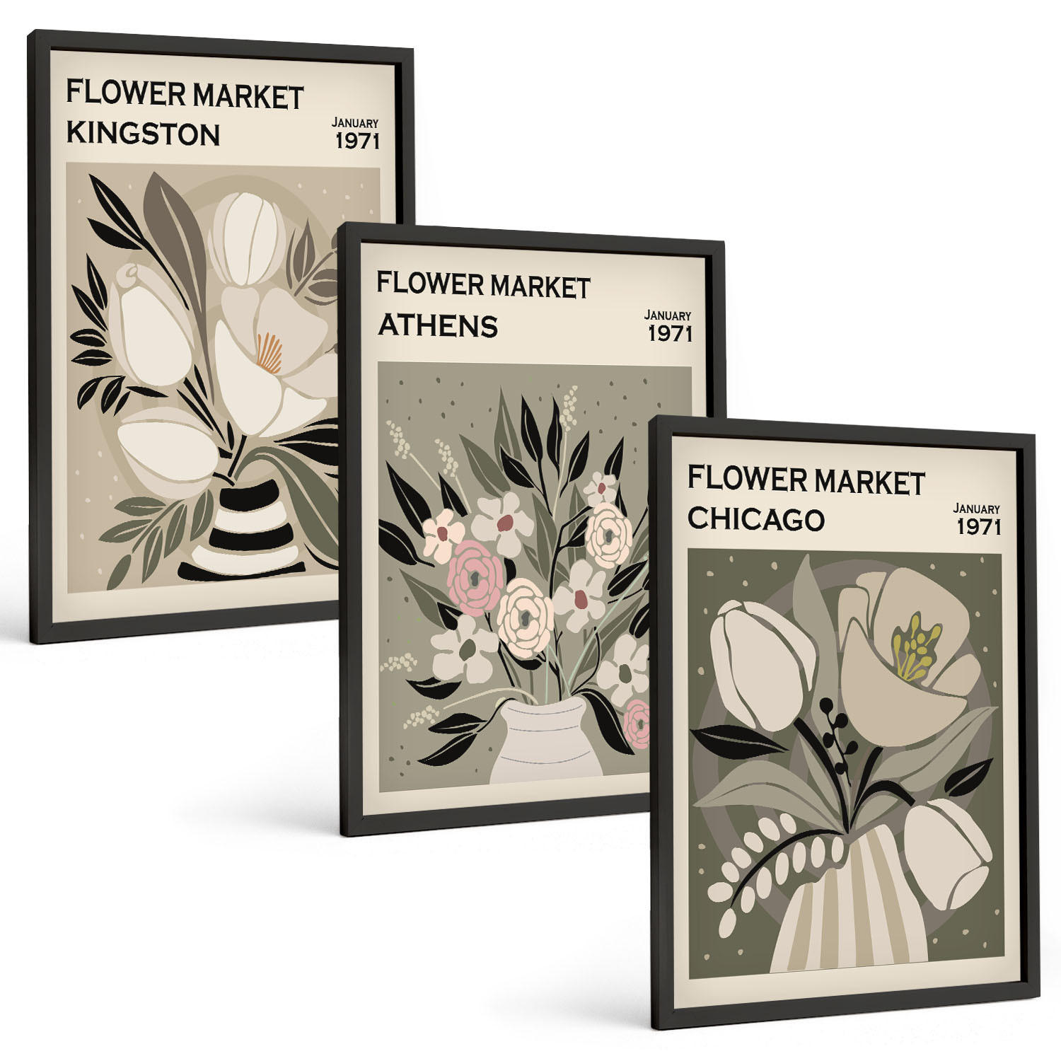 BILDER SET 3er Set - 40x60 cm Schwarzer Rahmen - Retro-Blumenarrangements - Schwarz, Kunststoff (40/60cm) - TULUP