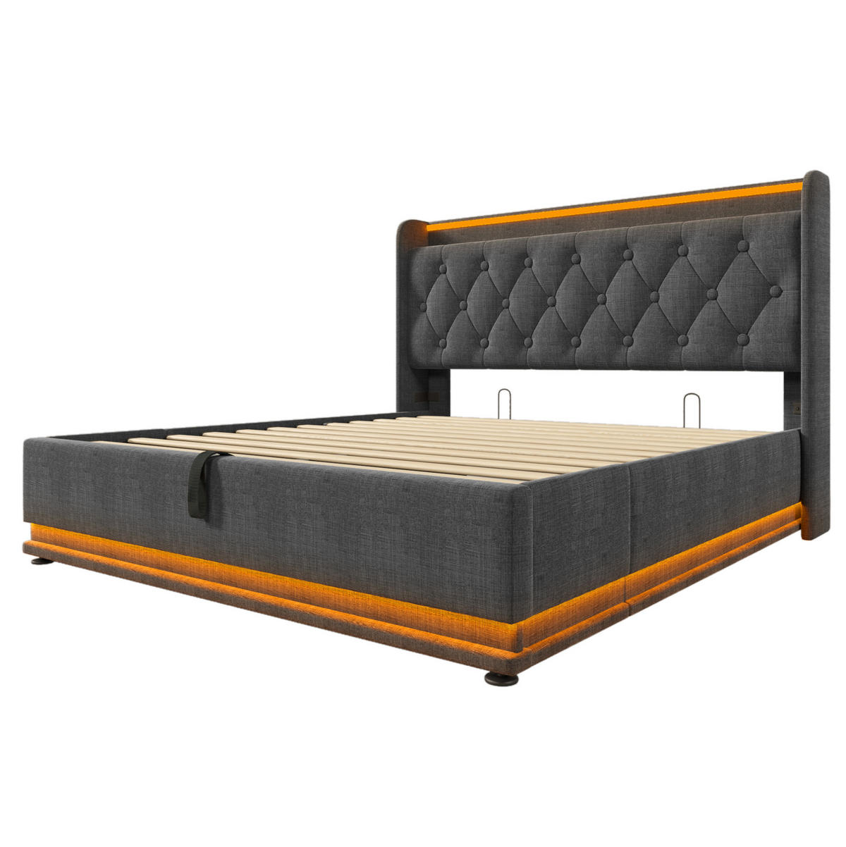 BETT mit Stauraum und LED 140x200 cm Leinen Grau - Grau, Metall (140/200cm) - Meubliv