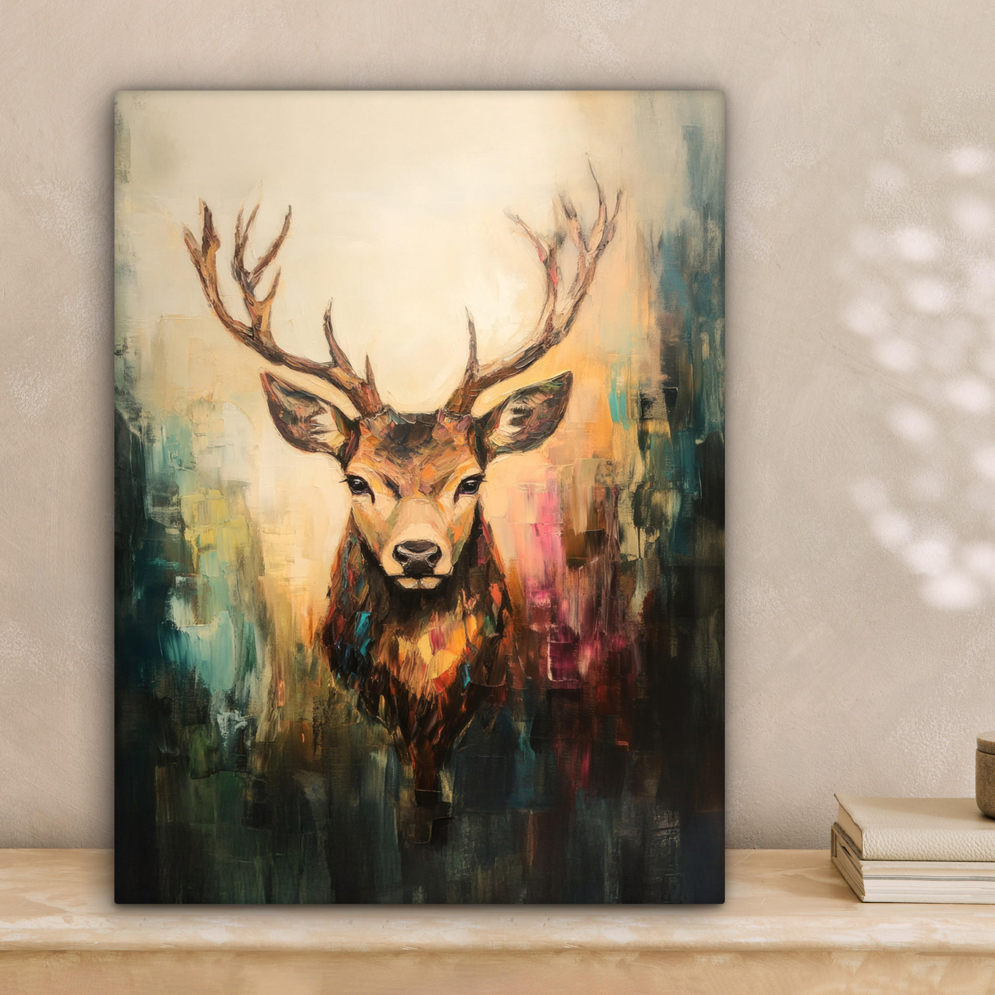 LEINWANDBILD Hirsch - Gemalt - Geweih - Braun 30x40 cm - Haselnussfarben, Textil (30/40cm) - MuchoWow