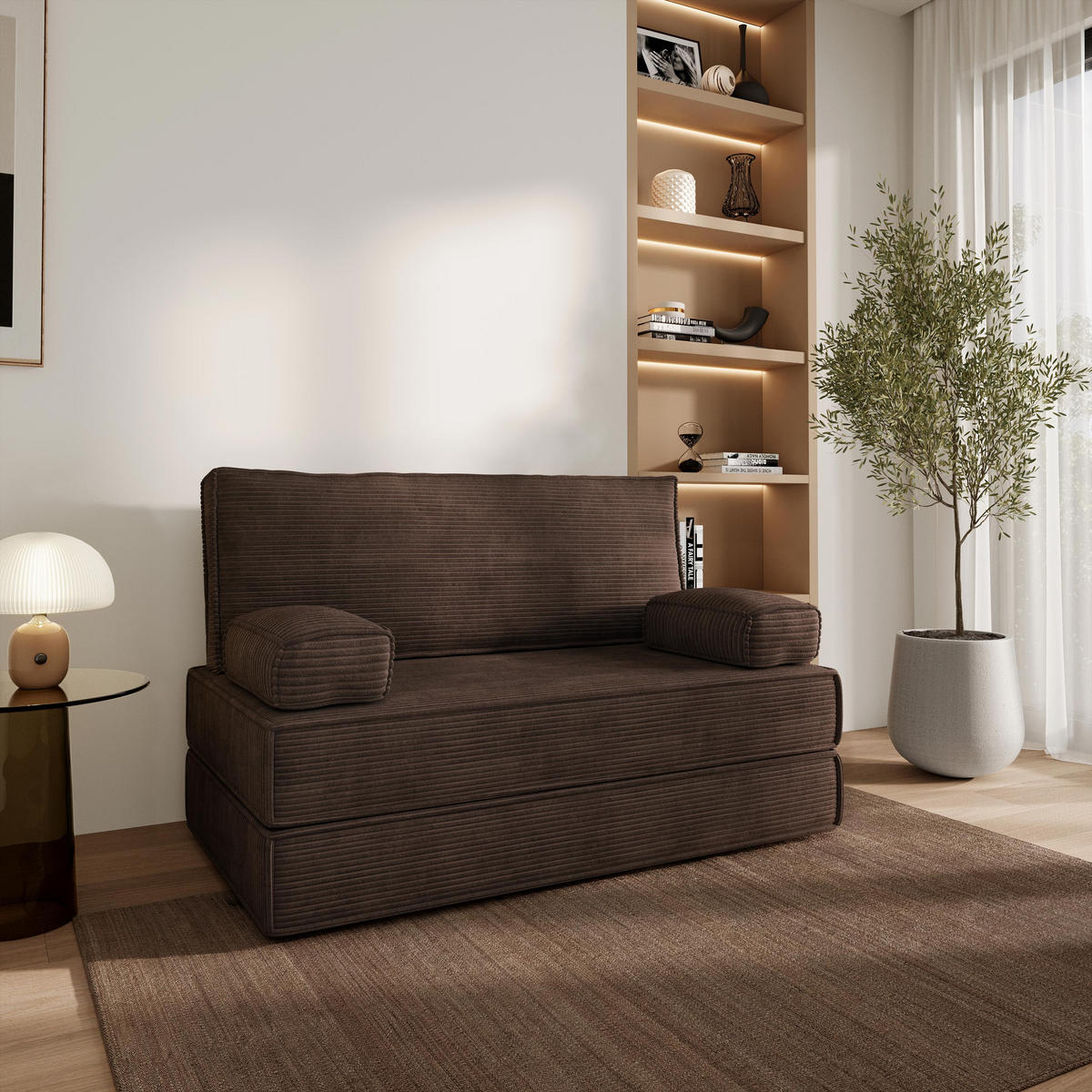 BETTSOFA LADIA aus Schaumstoff Cordstoff Braun Schlaffunktion - Braun, Textil (140/86/60cm) - MASSENO