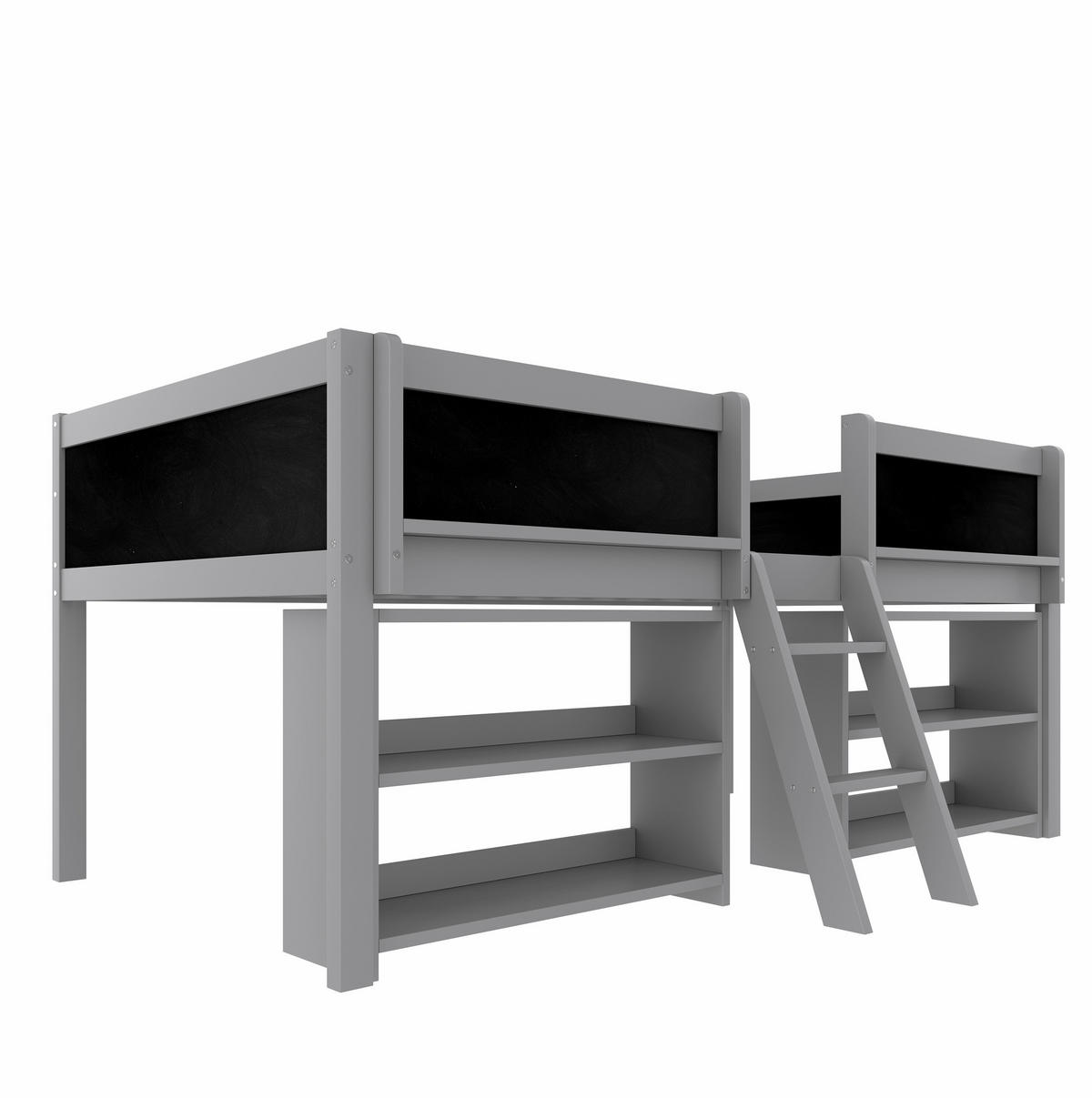 HALBHOHES BETT 90/200 cm, Grau mit Stauraum und Zeichentafel - Grau, Holz (90/200cm) - MIVRAY