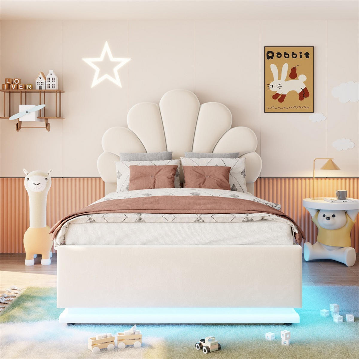 POLSTERBETT 90x200 cm mit Blüten-Kopfteil - LED Beleuchtung & hydraulischem Stauraum - Beige - ohne Matratze - Beige, Textil (90/200cm) - DELFA