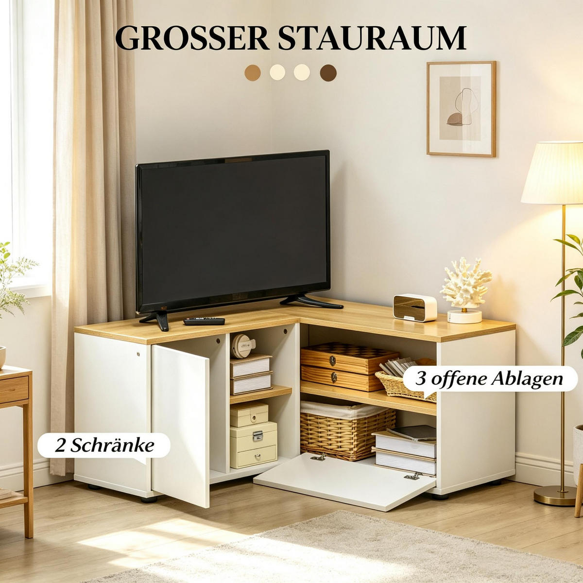 TV-SCHRANK DE-40512 L-förmig mit 2 Türen und 3 offenen Fächern Hellholz/Weiß - Weiß, Holzwerkstoff (90/45/90cm) - ComfortXL