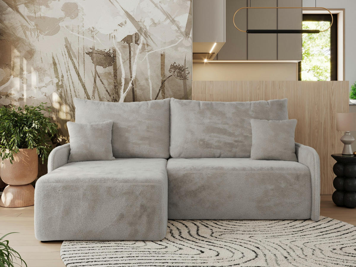ECKSCHLAFSOFA ARPA L Hellgrau Plüsch - links - Hellgrau/Schwarz, Kunststoff/Textil (198/150cm) - MKS
