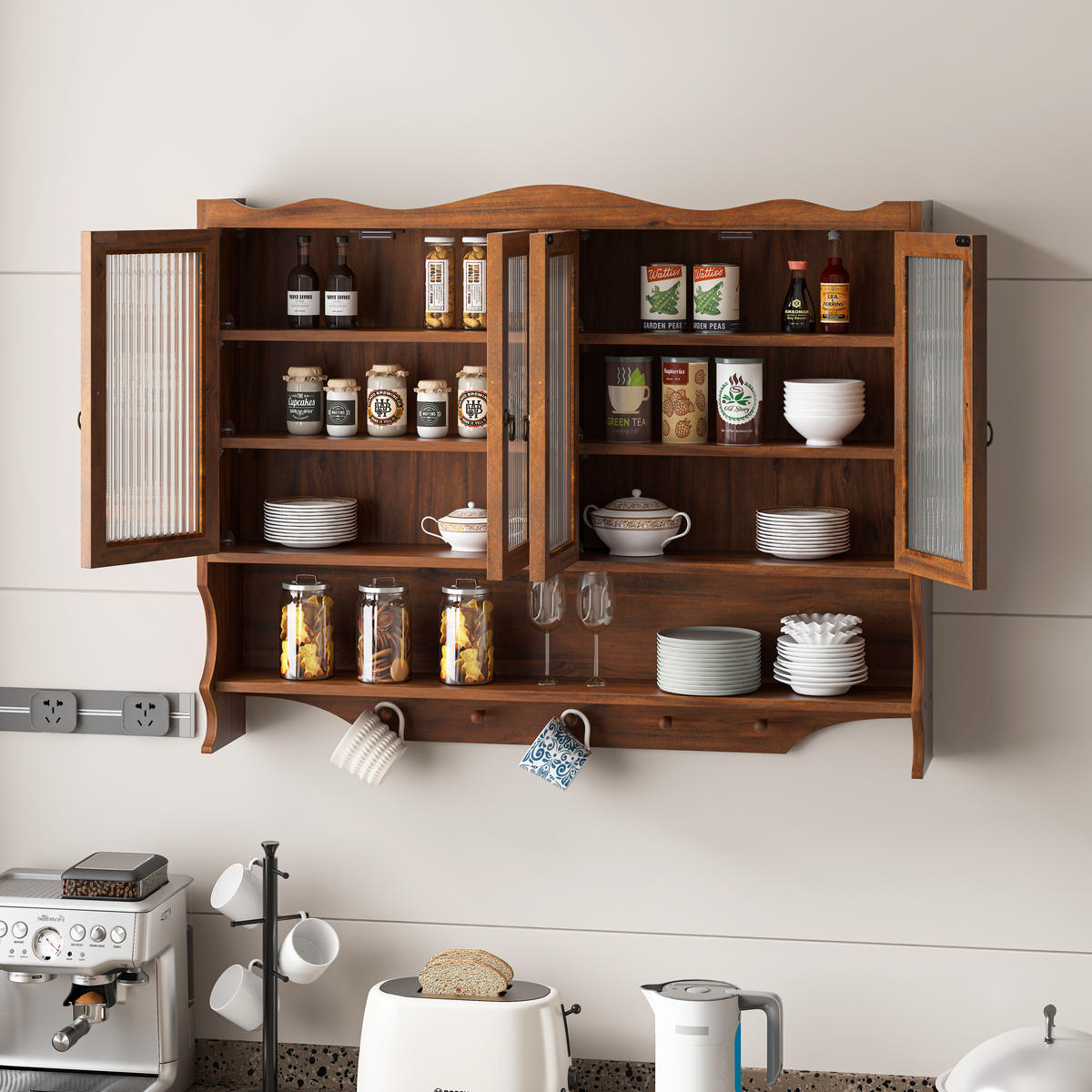 KÜCHENOBERSCHRANK 100x20x80 cm Braun aus Massivholz & Glas mit 4 Türen & Haken - Braun, Holz (100/80/20cm) - Modfu