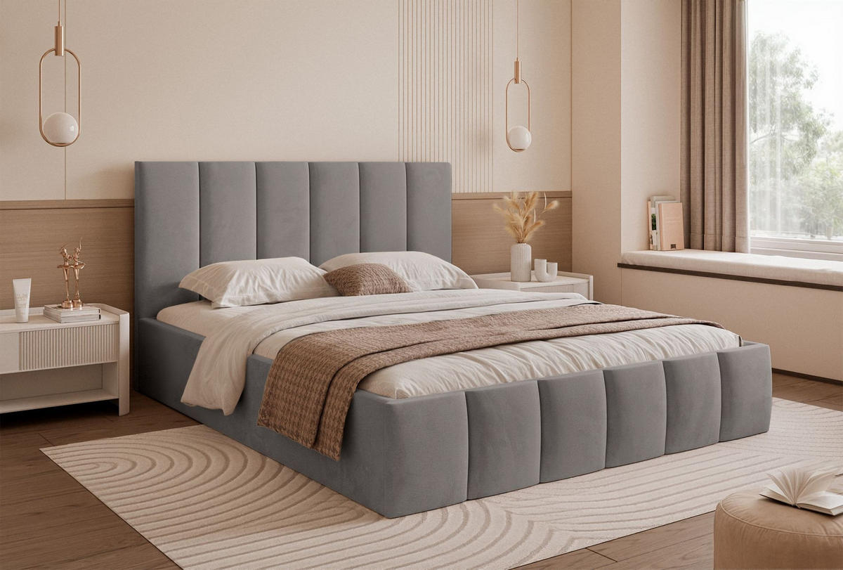 POLSTERBETT Sarafino Hellgrau Samt 180x200 cm - Hellgrau, Textil (180/200cm) - Selsey