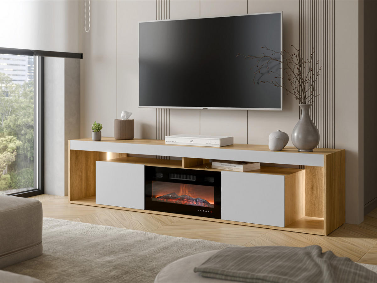 TV-LOWBOARD Fiore EF 2D mit Kamin - Eichefarben/Schwarz, Holzwerkstoff/Kunststoff (200/48/39cm) - MIRJAN24
