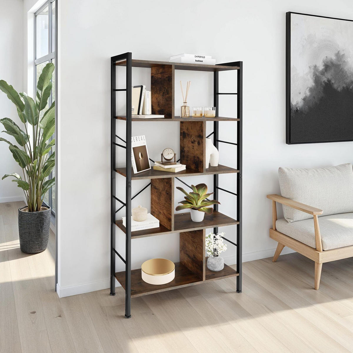 REGAL Charleston,inklusive Kippschutz, 75,5 x 30 x 155 cm,Industrial Holz dunkel, rustikal - Rostfarben, Holzwerkstoff (30/155/75.5cm) - tectake
