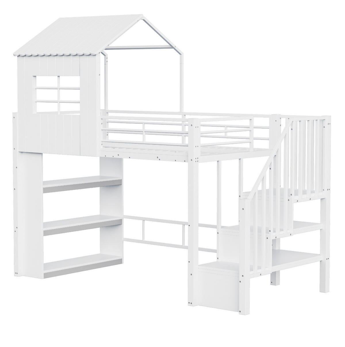HOCHBETT aus Metall und MDF 90x200 cm Weiß mit Stauraumtreppe und Regal - Weiß, Holzwerkstoff (90/200cm) - IVMEU