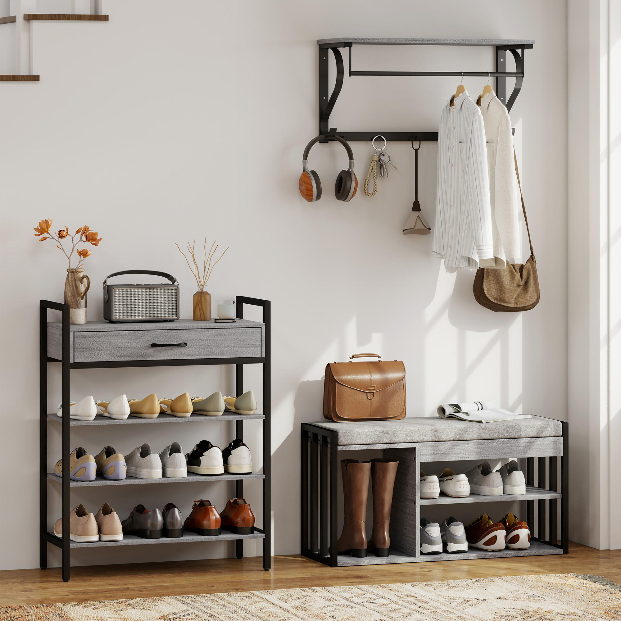 SCHUHREGAL 4 Ebenen Wandgarderobe mit Ablage 5 Haken und Stange gepolstert - Schwarz/Grau, Holzwerkstoff/Metall (30/87.6/70cm)