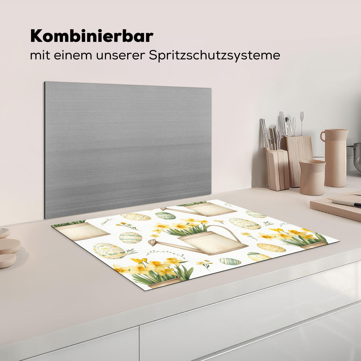 HERDABDECKPLATTE Gießkanne - Blumen - Eier Induktionsmatte 71x52 cm - Weiß, Kunststoff (71/52/0.2cm) - MuchoWow