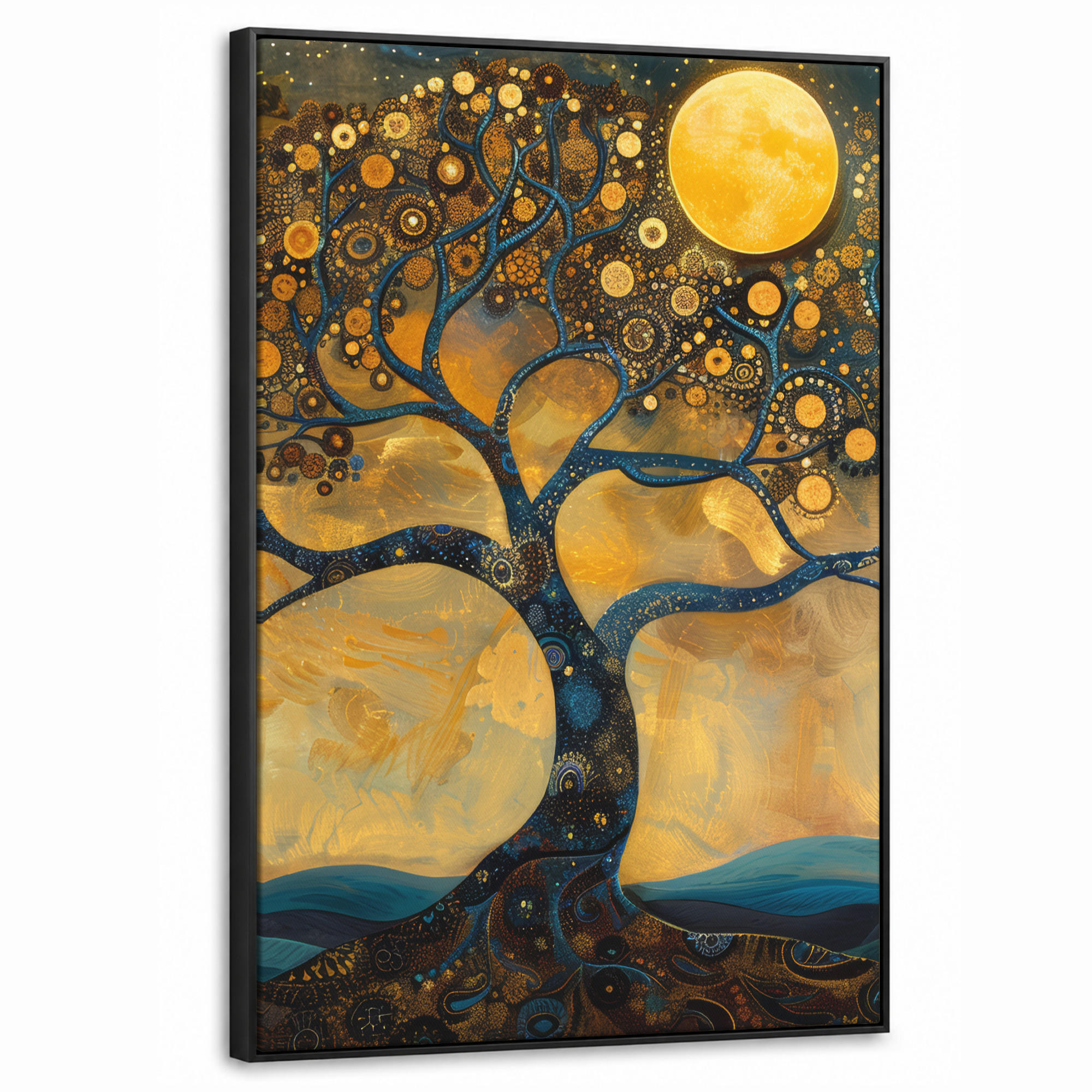 LEINWAND Bilder mit Rahmen - Baum - Mond - Blumen - Gold - Kunst - 60x90 - Orange, Textil (60/90cm) - MuchoWow