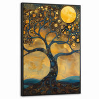 LEINWAND Bilder mit Rahmen - Baum - Mond - Blumen - Gold - Kunst - 60x90 - Orange, Textil (60/90cm) - MuchoWow