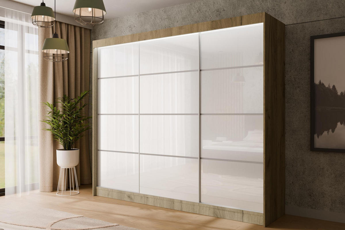 KLEIDERSCHRANK PEKA III mit LED - 250 cm - Braun|Weiß - Braun/Weiß, Holzwerkstoff (250/215/61cm) - ALTDECOR