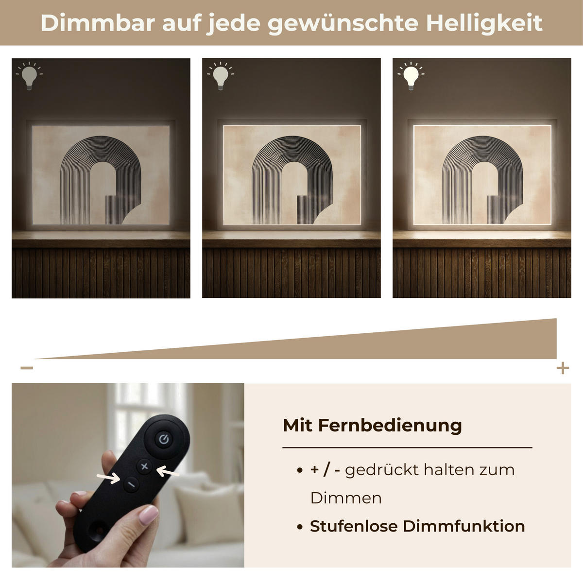 NÁSTĚNNÁ LAMPA S AKUMULÁTOREM Luk - Pruhy - Minimalistický - Černý 40x30 cm - béžová, kompozitní dřevo (40/30/8cm) - OnlyWow