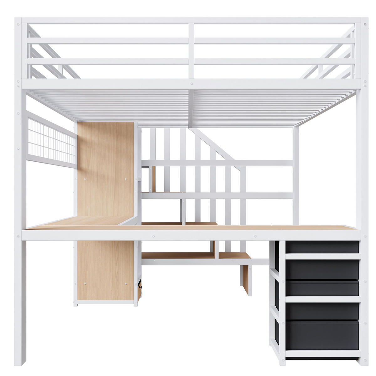HOCHBETT 140/200 cm DE-04985, mit LED, Schreibtisch und 4 Schubladen in Weiß - Weiß, Metall (140/200cm) - ComfortXL