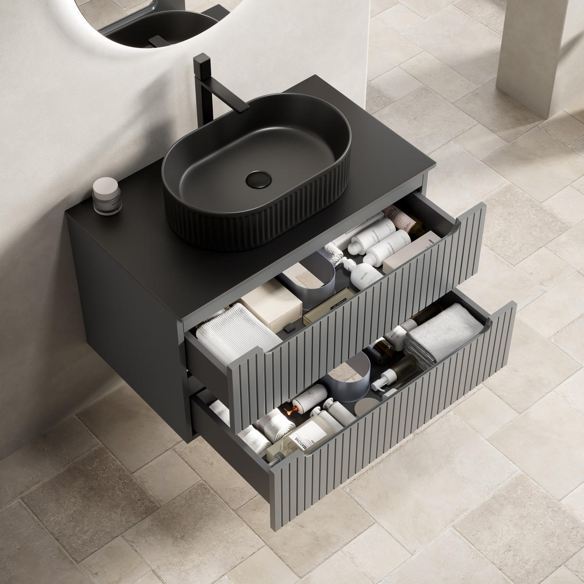WASCHTISCHUNTERSCHRANK 80x46x62.2cm Schwarz/Dunkelgrau mit ovalem Keramikbecken & 2 Schubladen - Dunkelgrau, Keramik (80/62.2/46cm) - Modfu
