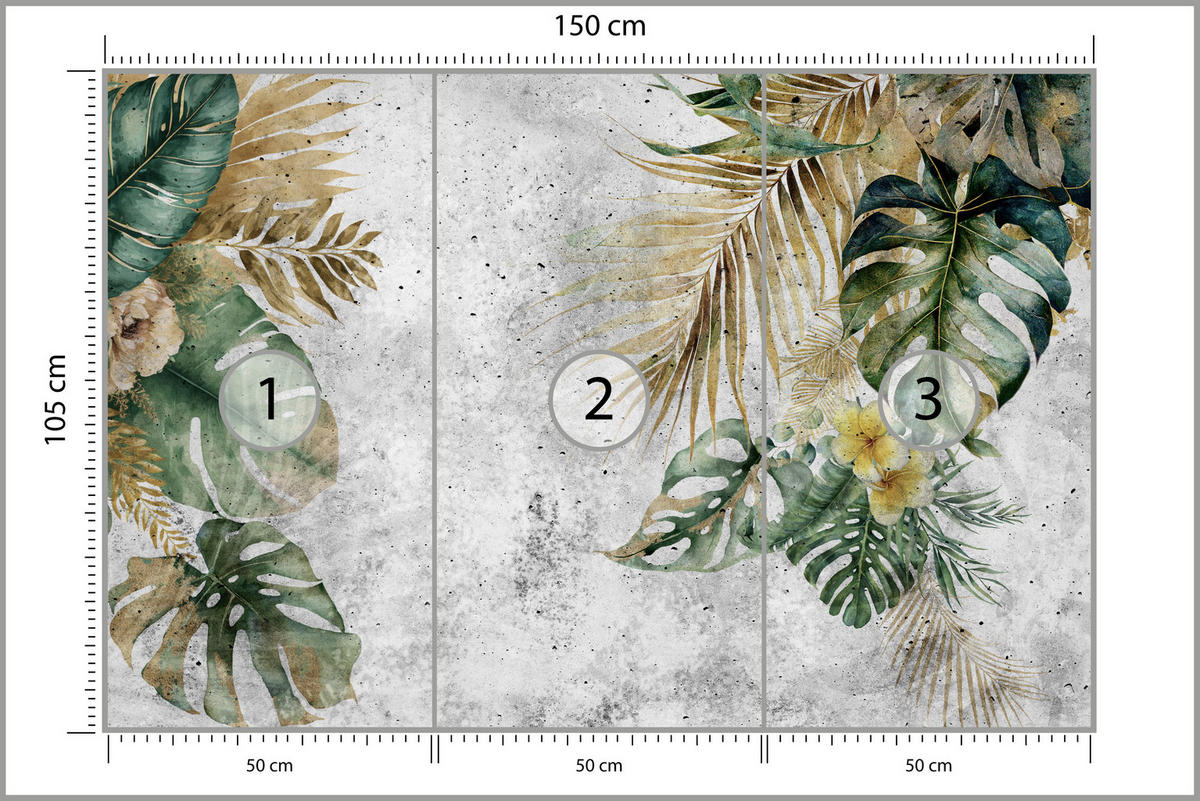 FOTOTAPETE für Wohnzimmer Tropische Blätter Blumen auf Grauer Beton 150x105 - Braun/Grau, Papier (150/105cm) - Muralo