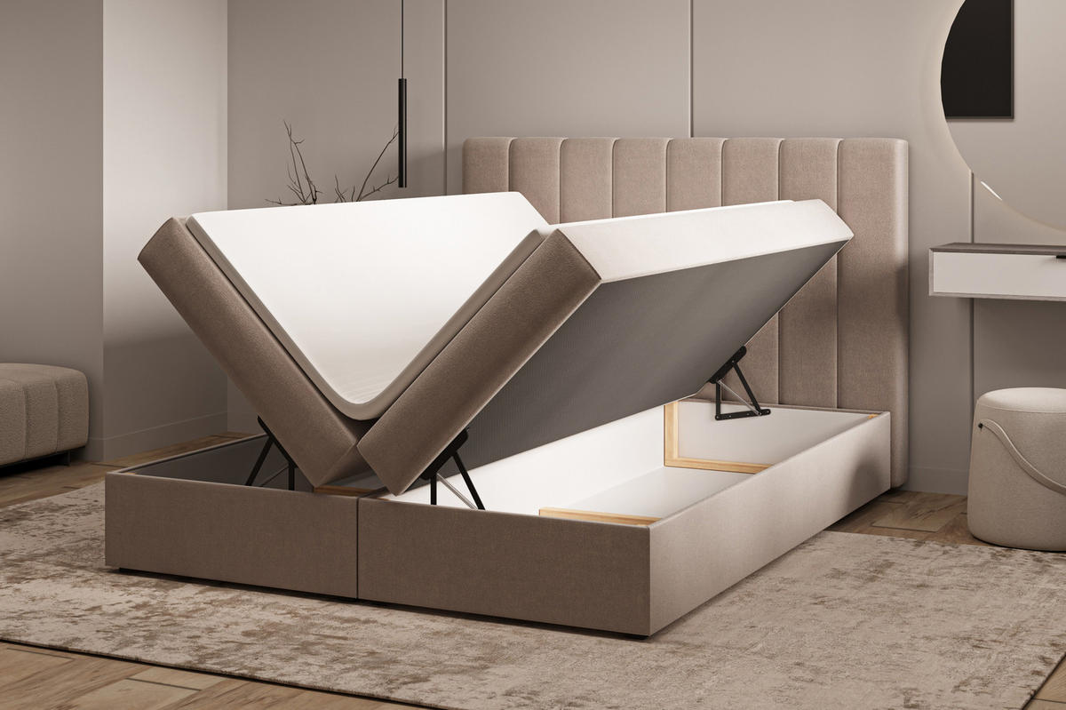 BOXBETT 01 140 x 200 cm - Manila – Stilvoll und bequem Mit Bettkasten, PU-Topper, Federmechanismus, waschbarer Bezug - Braun, Holz (140/200cm) - ROYAL24_MARKT