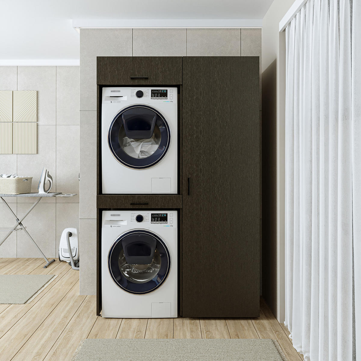 WASCHMASCHINENSCHRANK DUO-I 127cm Breit, 205cm Hoch - Schwarz, Holzwerkstoff (127/205/67cm)