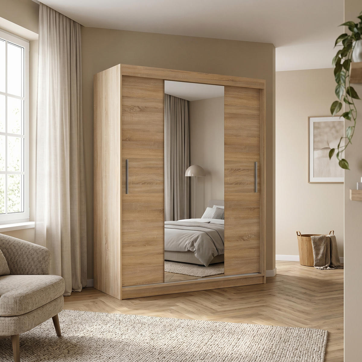 SCHWEBETÜRENSCHRANK VIVA 200/215,5/59cm 2-türig mit Spiegel Sonoma Eiche - Sonoma Eiche, Holzwerkstoff (200/215.5/59cm) - MASSENO