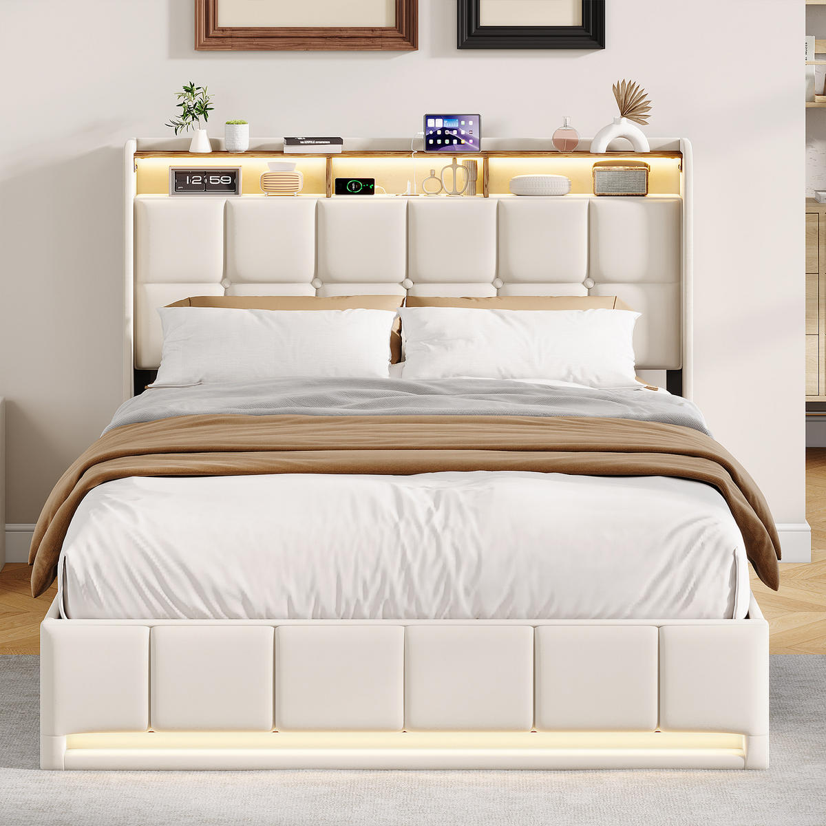 POLSTERBETT 140x200 cm LED USB C Hydraulik Stauraum Metall beige - Beige, Holz (140/200cm) - LEBENLANG