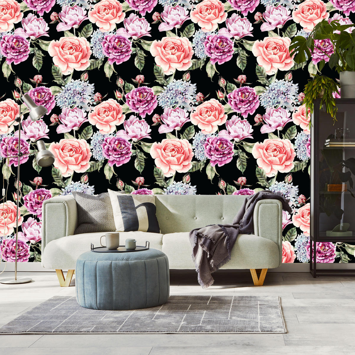 VLIESTAPETE Rosen und Pfingstrosen – Rosa, Grün, Schwarz – 50x1000 cm - Schwarz/Rosa, Papier (50/1000cm) - Muralo