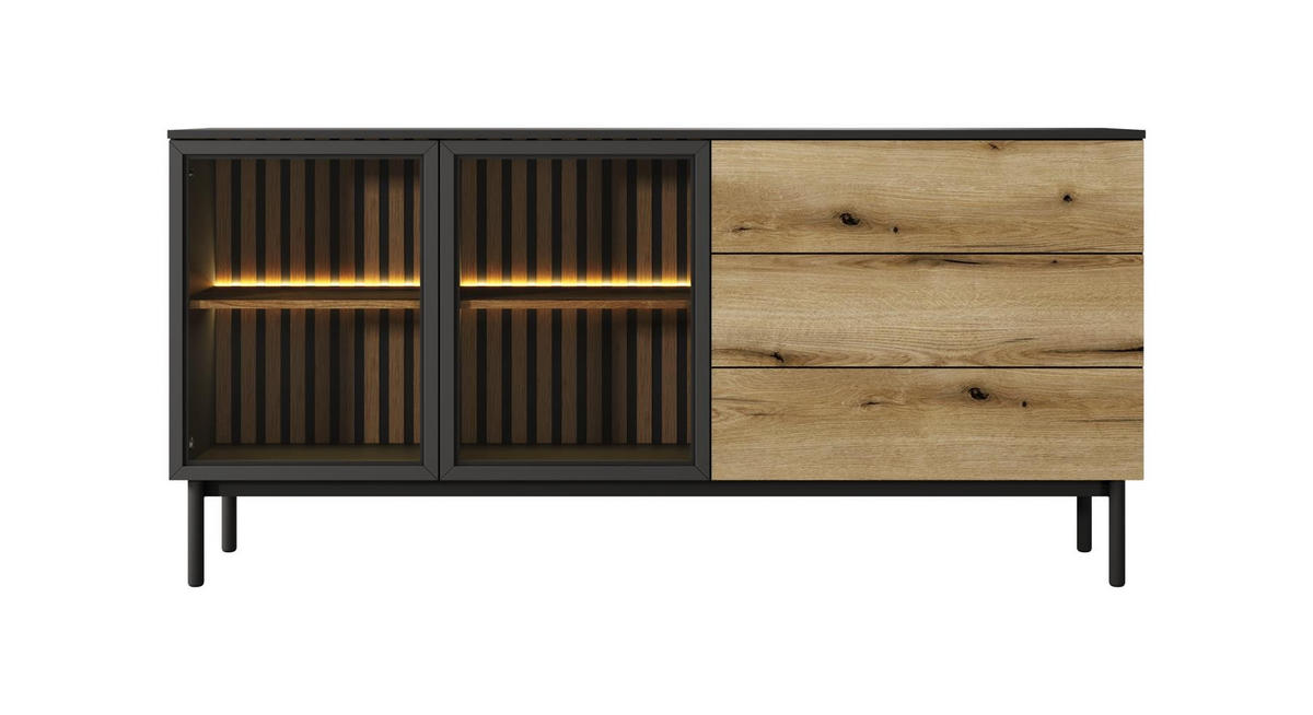 KOMMODE Lango 180 Schwarz mit Eiche Evoke, Kombikommoden mit Led-Beleuchtung - Hellbraun/Schwarz, Glas/Holzwerkstoff (180/85/39cm) - Bettso