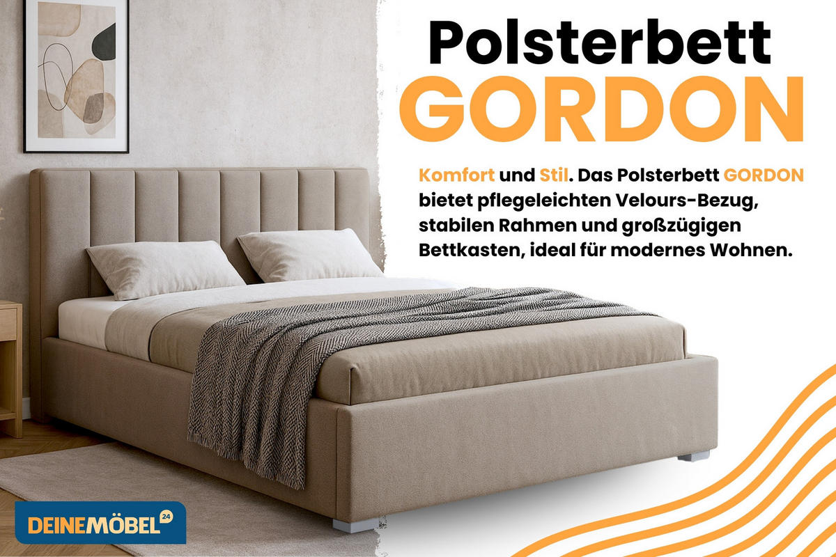 POLSTERBETT GORDON 140/200 in Velours Beige - Beige, Holz/Holzwerkstoff (140/200cm) - Deine Möbel 24
