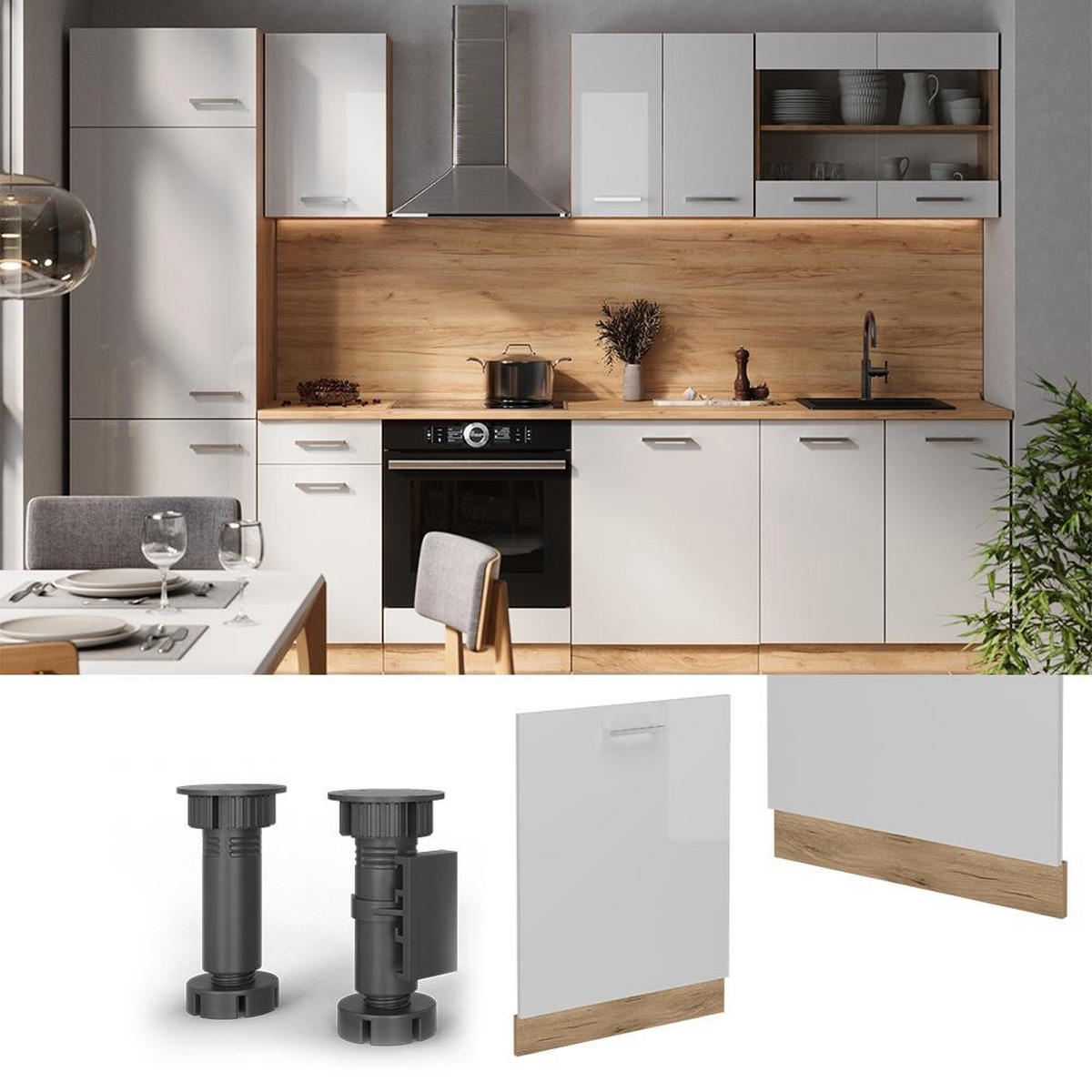 SPREDNJA PLOŠČA R-Line Bela visok sijaj 60 cm brez delovne plošče - bela/medeni hrast, leseni material (60/81.8/1.6cm) - Vicco