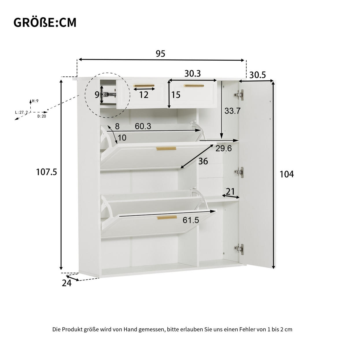 SCHUHSCHRANK aus Spanplatte 95x24x107,5cm in Weiß mit Schubladen - Weiß, Holzwerkstoff (95/107.5/24cm) - Modfu