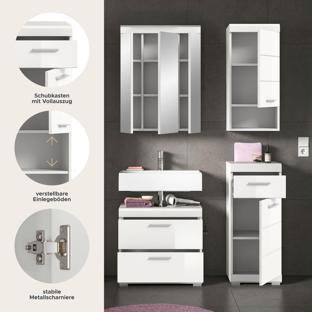 BADKOMBINATION 4tlg. Scout Bad in weiß Nachbildung und weiß hochglanz B/H/T: 112x191x34 cm - Weiß, Holz (112/191/37cm)